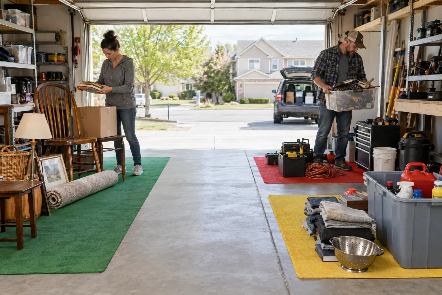 Garage items organized into clear sorting zones